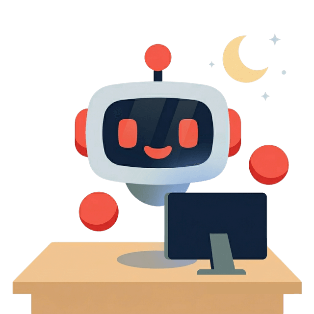 Rover at a desk at night, moon visible, screens glowing